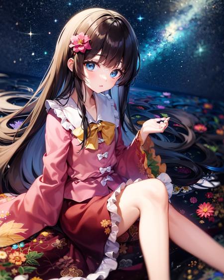 54755-25500144-houraisan kaguya, 1girl, solo, red skirt, pink shirt, long sleeves, hair ornament, hair flower, wide sleeves, flower, blue eyes,.png